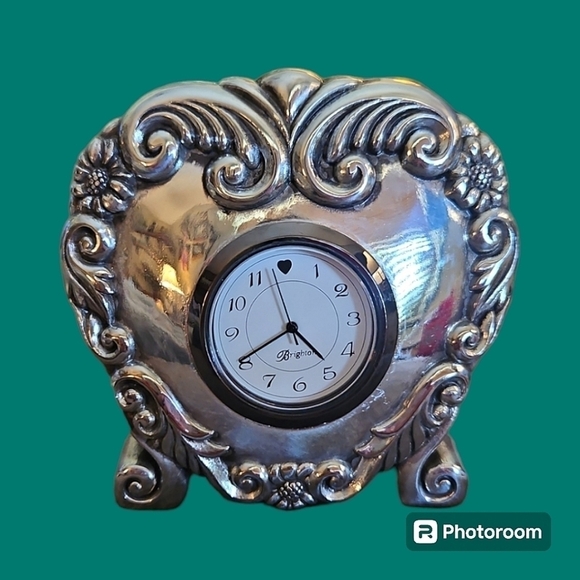 Vintage BRIGHTON 1996 Silver Plated Floral Heart Castlecore Desk Clock - Picture 1 of 6